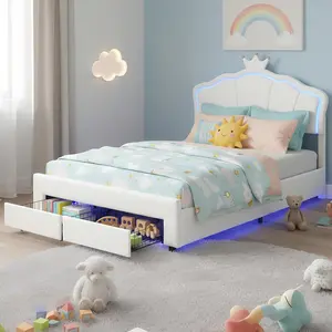 Full Bed Frames for Girls Kids, Full Size Upholstered Platform Bed with Storage Drawers & LED Lights, Cute Princess Bed Frame w/Adjustable Crown Headboard, Wooden Slats Support (White Full)