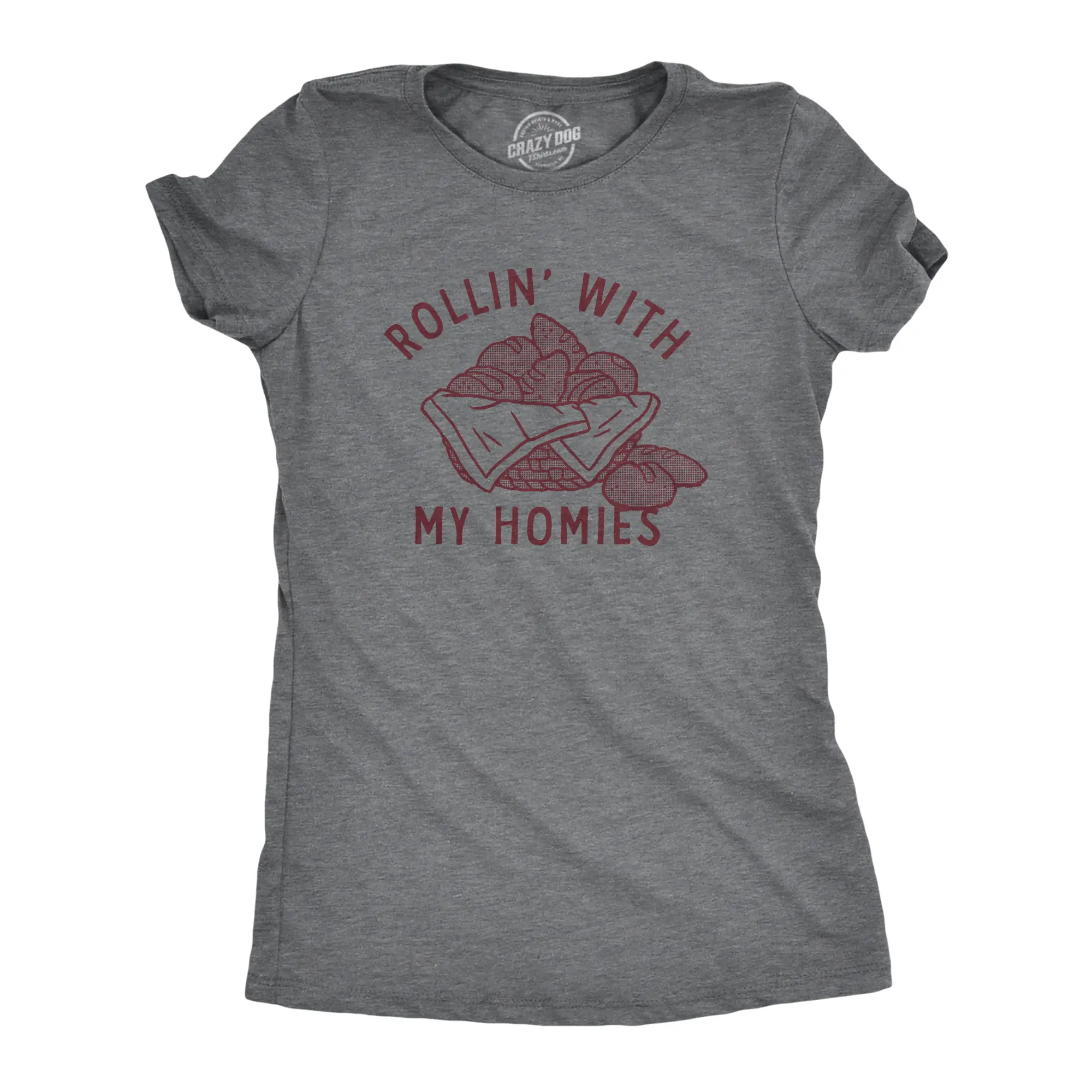 Womens Rollin With My Homies T Shirt Funny Thanksgiving Bread Dinner Roll Joke Tee for Ladies Funny Womens T Shirts Cute Vintage Fashion Casual Ladies T-Shirt Gift Thanksgiving Tops for Women Funny Food Top Dark Grey