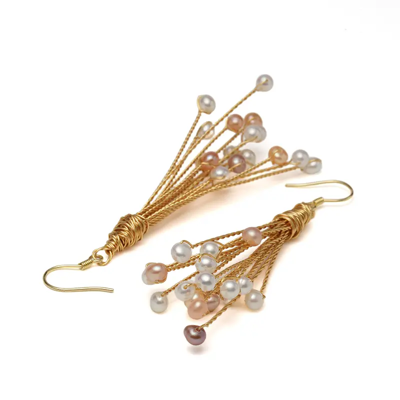 Gold Wire Firework Earrings with Multicolor Seed Pearl Accents, Handmade Boho Statement Jewelry for Women