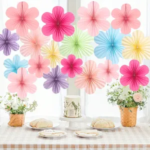 18 pieces of colored paper flower wall stickers in a fan shape - peach blossom background decoration, party pink and floral background, suitable for weddings, birthdays, and other occasions, can be hung in hallways Decorative Ornaments