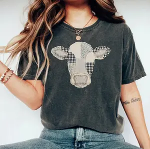 "Faux Patchwork" Cow T-Shirt, Quilted Farm Animal Head Tee, Gingham Floral Rustic Cow Lover Shirt, Cottagecore Farmhouse Gift
