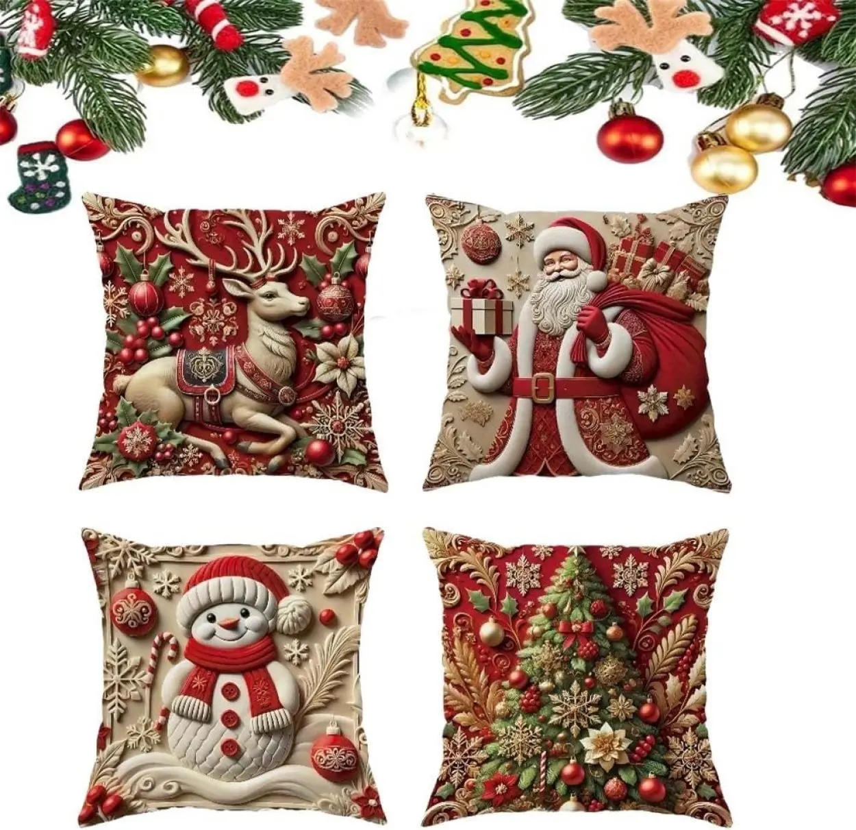 Christmas Joy Pillowcase, Luxury Christmas Style Pillow Cover – Machine Washable, Wrinkle-Resistant, Durable, Perfect for Living Room Bedroom Office & More, Themed Cushion Cover(4pcs)