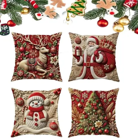 4-Pc High-Quality Woven Wash-Safe Fabric Pillowcases - 18 in, Santa, Reindeer & Snowman, Christmas Tree Themes, Soft, Thick, Wrinkle-Resistant, Durable, Machine-Washable, Christmas Home Decor, 4-Pc Room Match, Heartwarming Gift