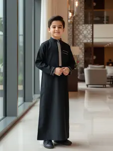 Muslim Traditional Boy Long Thobe Embroidered Stand Collar Buttoned, Long Sleeve with Functional Pockets, Suitable for 8-12 Year Old Boys