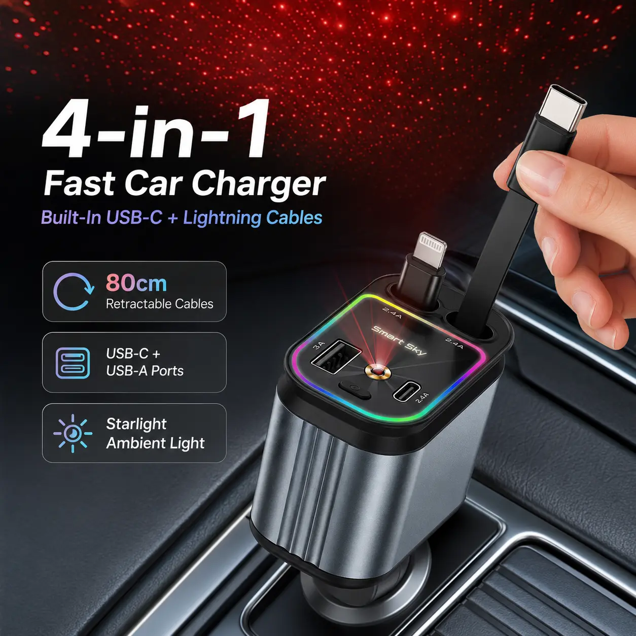 W&O 4-in-1 Ports Super Fast Car Charger - Retractable USB-C & Lightning Cables, 180° Adjustable Starlight Cigarette Plug Adapter, 66W Speed for Phones & Tablets