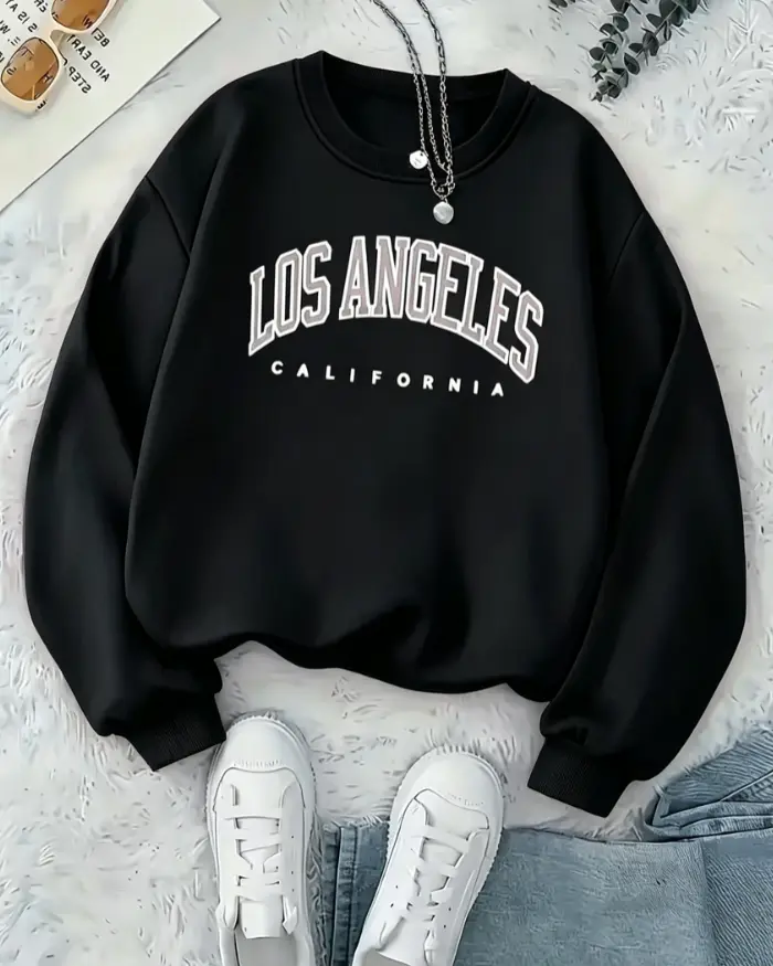 Los Angeles California Varsity Letter Chest Print Fleece Crewneck Sweatshirt, City‑Theme Casual Long‑Sleeve Pullover, Daily Holiday Gift