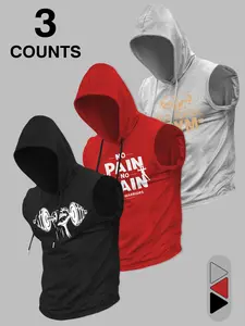 Men's Sleeveless Fitness Hoodie, 3-Pack 'no Pain No Gain' Dumbbell Print, Breathable Workout Vest, Ideal for Bodybuilding, Training, Gym, Workout Sportswear