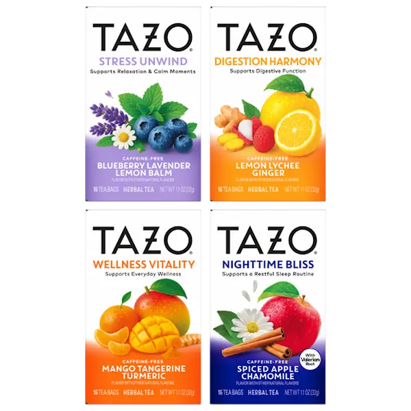 Tazo Herbal Tea Bags - Caffeine Free, Natural, Organic Chamomile, Botanical Blend - Stress Unwind, Night Herbal Tea - 16 CT/Box, Pack of 4, Caffeine Free Tea