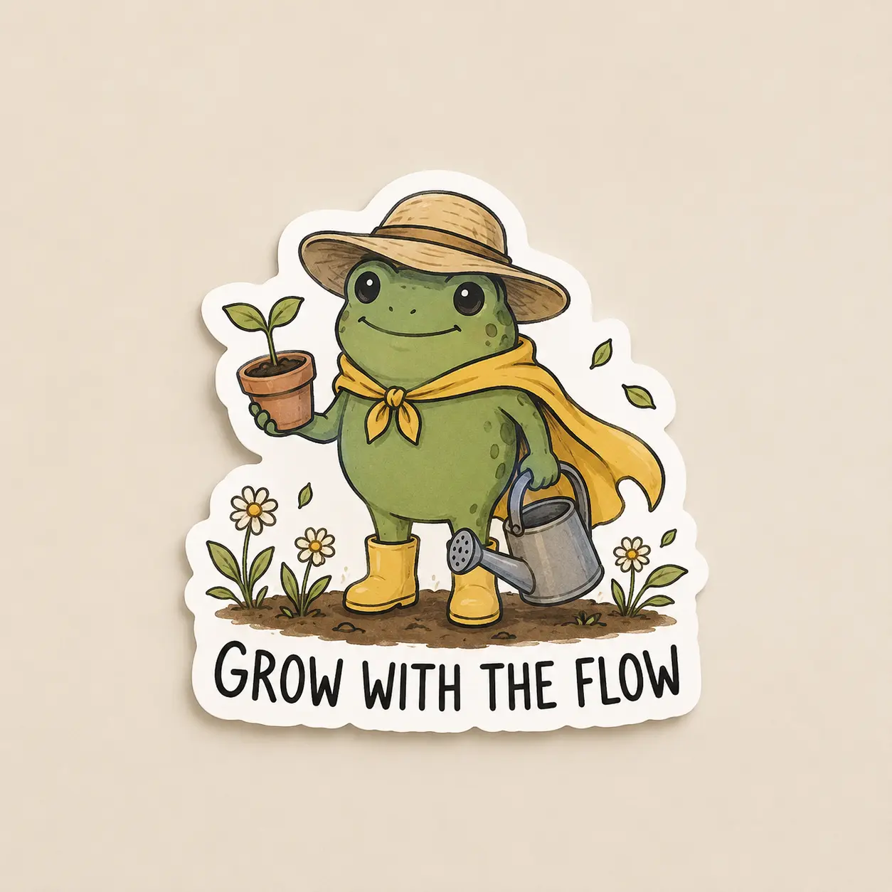 Cute Frog Gardening Die Cut Sticker - Grow With The Flow Vinyl Decal, Funny Frog Meme Sticker for Laptop Water Bottle, Plant Lover Gift