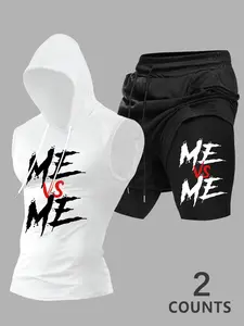 Men's Hot Sale Letter Graphic Print Sleeveless Hoodie And Shorts Set, Letter Printed Sports Fitness Outfit, Training Running Tracksuit, 2 Pieces Casual Suit For Outdoor Workout And Daily Wear, Sports Activewear Set#TwoPiecesOutfit#TikTokFashion