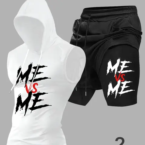 Men's Graphic Print Sleeveless Hoodie and Shorts Set, 2-Piece Letter Printed Sports Fitness Outfit, Training Running Tracksuit for Outdoor Workout and Daily Wear, Sports Activewear Set, Gym Workout Sportswear, Outdoor Sports Clothing, Sporty Casual Wear
