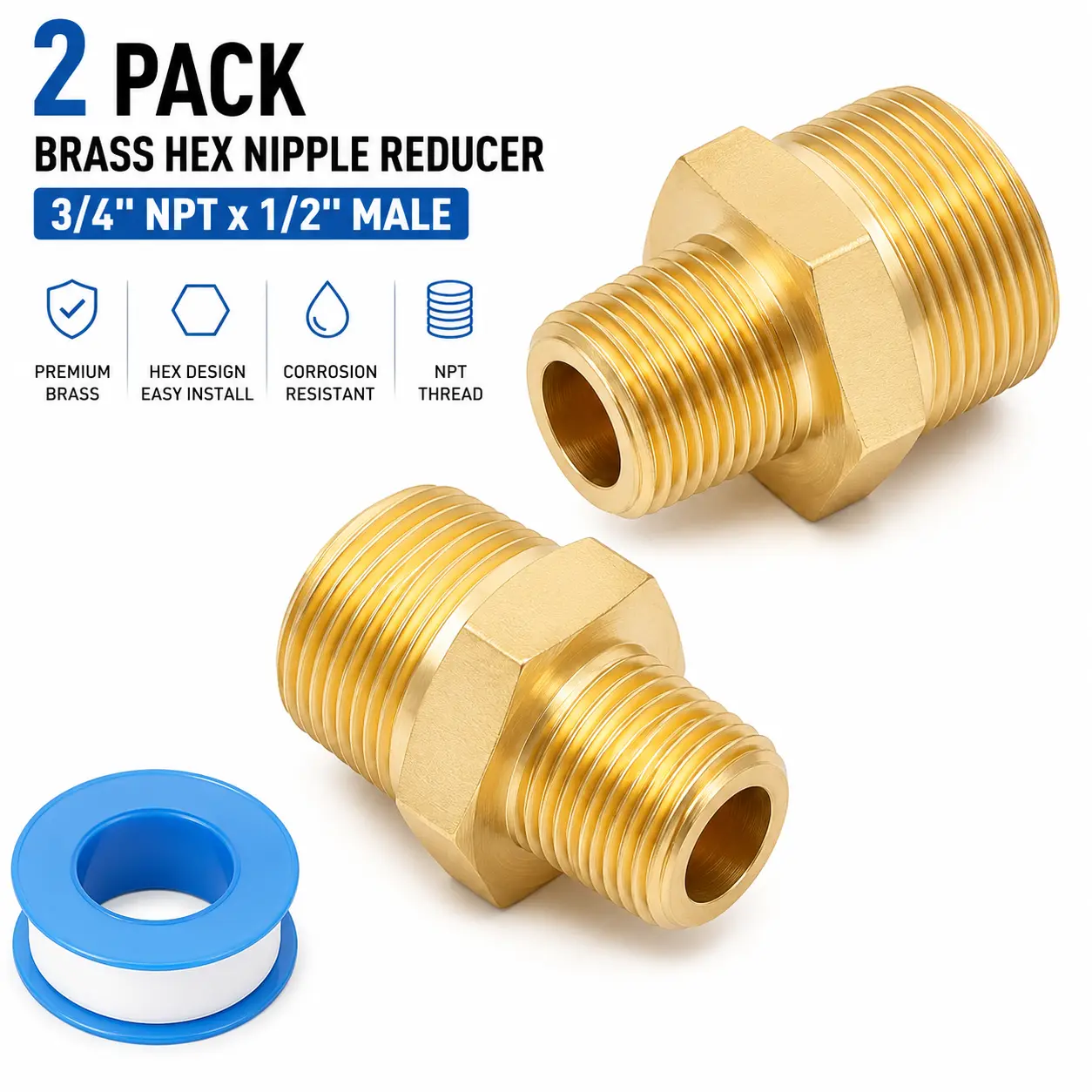 3/4 Inch NPT x 1/2 Inch Male Hex Nipple Reducer, 3/4'' to 1/2'' Male Brass Pipe Fitting Adapters, Brass Hex Nipple Reducing Connectors with Sealing Tape (2 Pack)