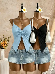 Two-Piece Bodycon Knot Halter Top, Sexy Sleeveless V-Neck Ruffle Decorated Shirt, Casual Summer Short for Women