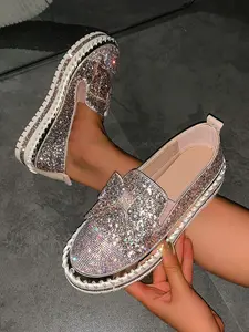 Women's Fashionable Contrast Sequin Bowknot Design Slip on Style Loafers, Elegant Comfort Flat Shoes for Daily Wear, Lightweight Breathable Shoes for Women & Girls