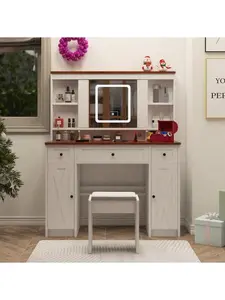 [Bellemave]Farmhouse Vanity Desk with Sliding Mirror,Lights and Charging Station,Makeup Table Desk with Dimmable Led Light,Vanity Makeup Table with Sponge Soft Stool,White+Brown Finish