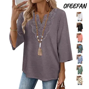 OFEEFAN 3/4 Length Sleeve Womens Tops Boho V Neck Lace Shirt Trendy Blouses Dressy Casual Vacation Clothes S-3XL