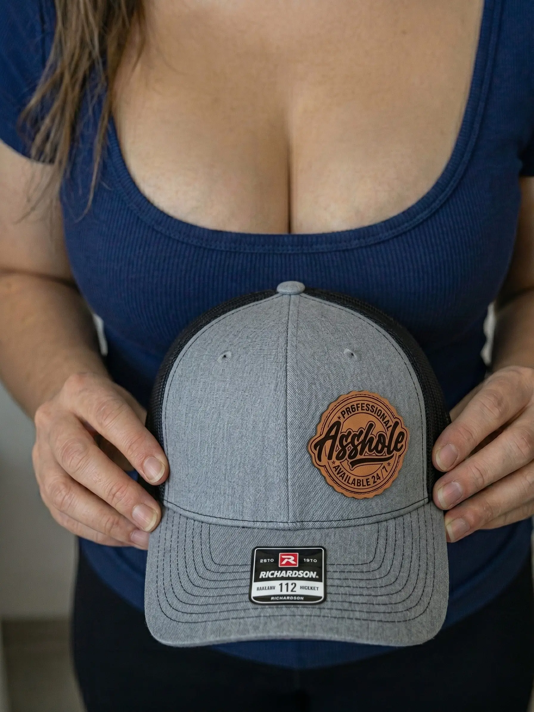[Hat Patch] Professional Leather Patch Trucker Hat - Richardson 112 Mesh Back Snapback - Funny Sarcastic Gift for Men and Friends - Available 24/7 Humorous Design Baseball Cap - Unique Mens Headwear for Parties and Daily Wear - Premium Engraved