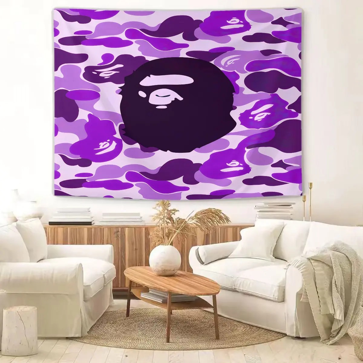 Purple Camo Ape Head Tapestry, Urban Streetwear Tapestries, Hypebeast Style Wall Hanging, Perfect for Bedroom Living Room Dorm, Photo Backdrop Decor, Great Gift for Teen Boys Street Fashion Lovers