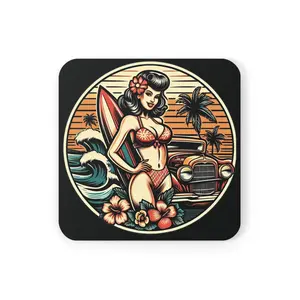 Vintage Hawaiian Pinup Girl with Surfboard, Hot Rod Car, and Hibiscus Flower, Coconut Trees - Retro Corkwood Coaster Set - Makes Perfect Gift!