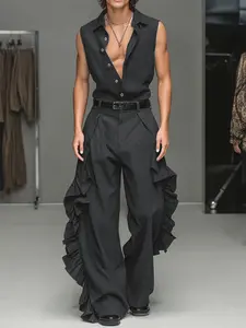 INCERUN Men's Fashion Simple Deconstructed Design Ruffle Sleeveless Shirt + Pants Two-Piece Set, Suitable for Daily Wear