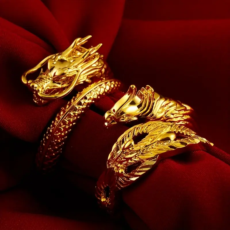 2 luxurious Vietnamese gold-plated dragon and phoenix adjustable rings, featuring embossed dragon head designs, suitable for love, proposals, wedding rings, and all seasons, the best everyday accessory for Christmas/Thanksgiving
