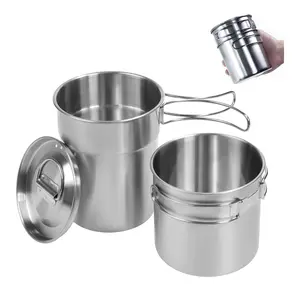 Foldable Camping Cups Mugs Camping Pot Cookware 304-Food-Grade Outdoor Camp Cooking Set with Vented lid,Stainless Steel Backpacking Cookware for Hunting