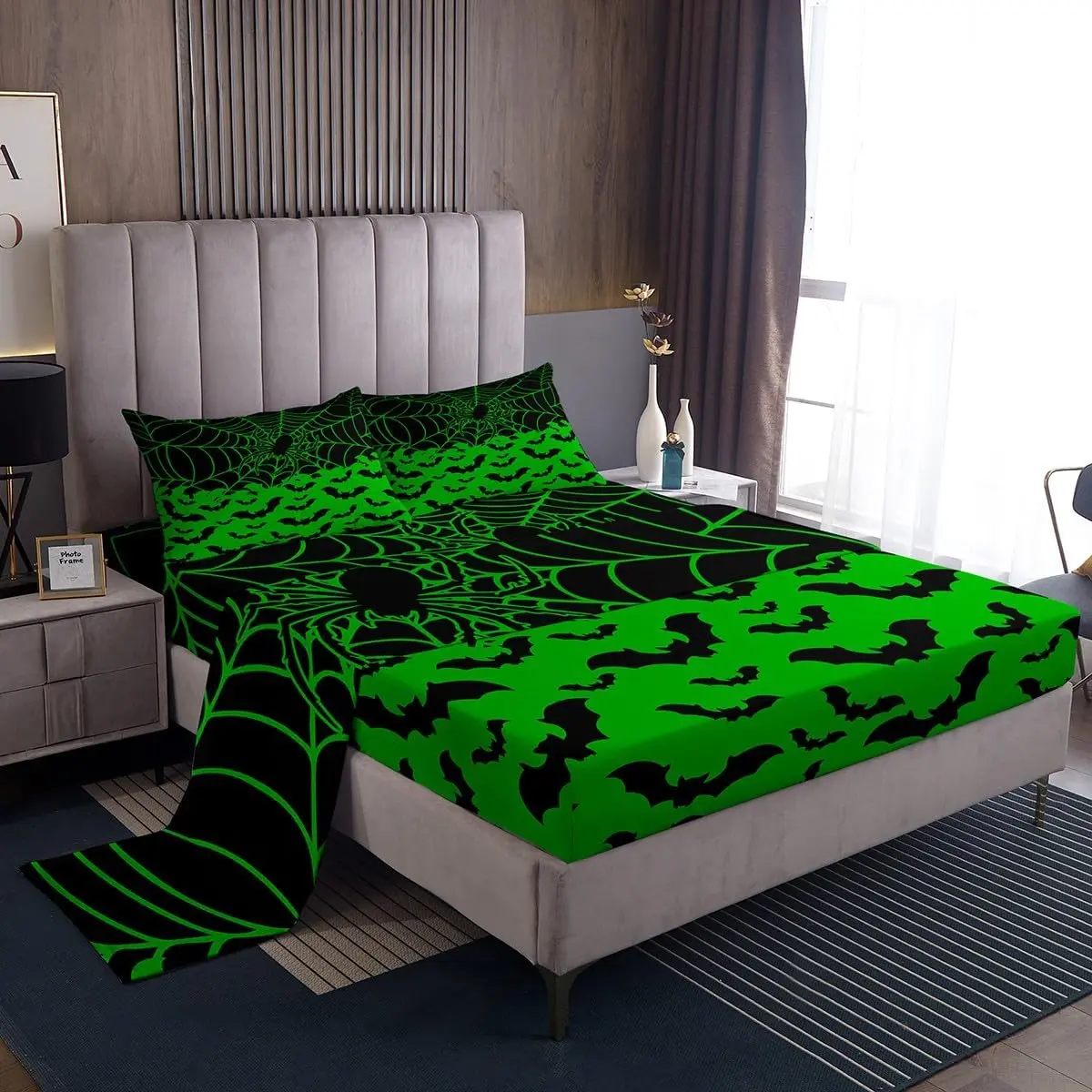 Feelyou Bat Halloween Bedding Set - Cute Themed Multi-Size Bed Sheets Set with Green Spider Web Fitted Sheet, Kids' Bedroom Decor