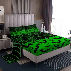 Feelyou Bat Pattern Halloween Bedding Set - Cute Green Spider Web Fitted Sheet, Themed Decoration for Kids