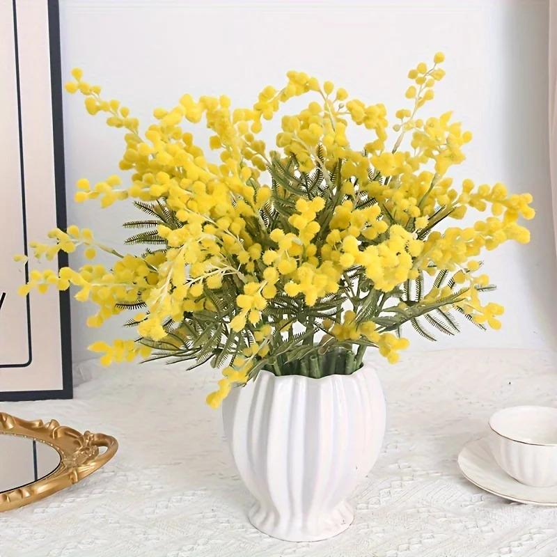 6pcs Artificial Mimosa Flower Bouquet |   Handmade Yellow Buds and Green Foliage, Lifelike Plastic Flowers and Leaves on Stems