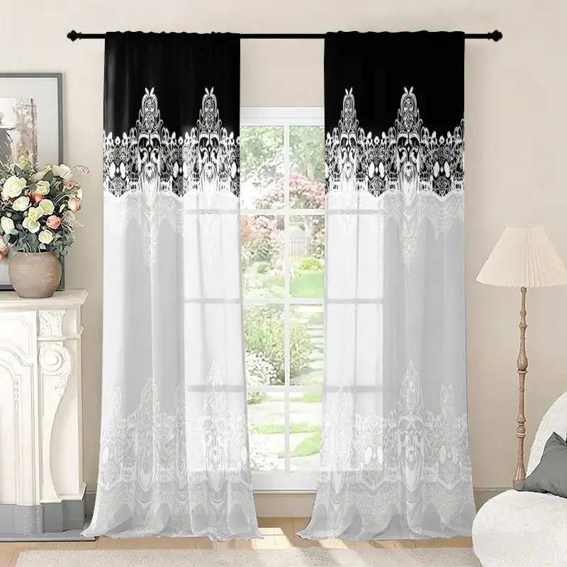 2pc, Curtain Panels, Window Curtain, Window Drapes, European-style black and white lace print pattern, installed with pocket rods, digital printed curtains, suitable for living room, closet, bedroom, study, dining room, and home decoration.