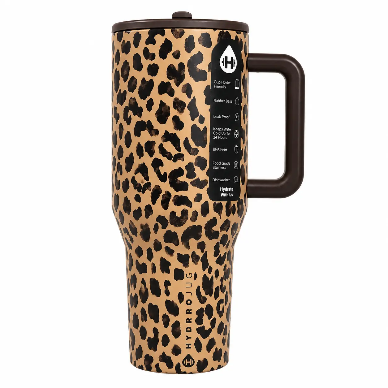 Hydrojug 40oz Leopard Print Insulated Stainless Steel Tumbler - Drinkware Gear with Handle, Straw, Leakproof Design, Cup Holder Friendly Travel Mug