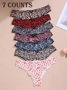 Women's Leopard Print Bow Tie Triangle Panties Set, Comfortable Breathable Fashion Folded Ladies Underwear, 7 Pieces Low Waist, Fitted
