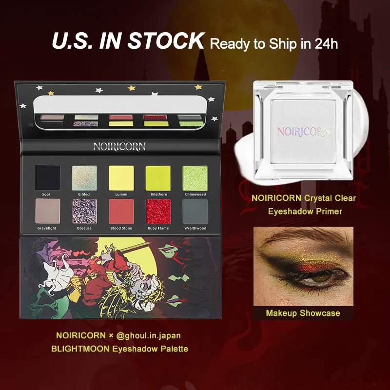 NOIRICORN BLIGHTMOON 10-Shadow Palette + Duo Chrome Primer Set | High-Performance Matte & Glitter, Waterproof Gel Base | Avant-garde Goth Makeup Kit for Professional Artists