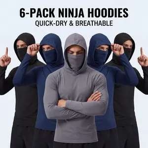 Set of 6 men’s hooded sweatshirts with a face mask design, made from high-elasticity, quick-drying, breathable fabric—ideal for outdoor fishing and running.