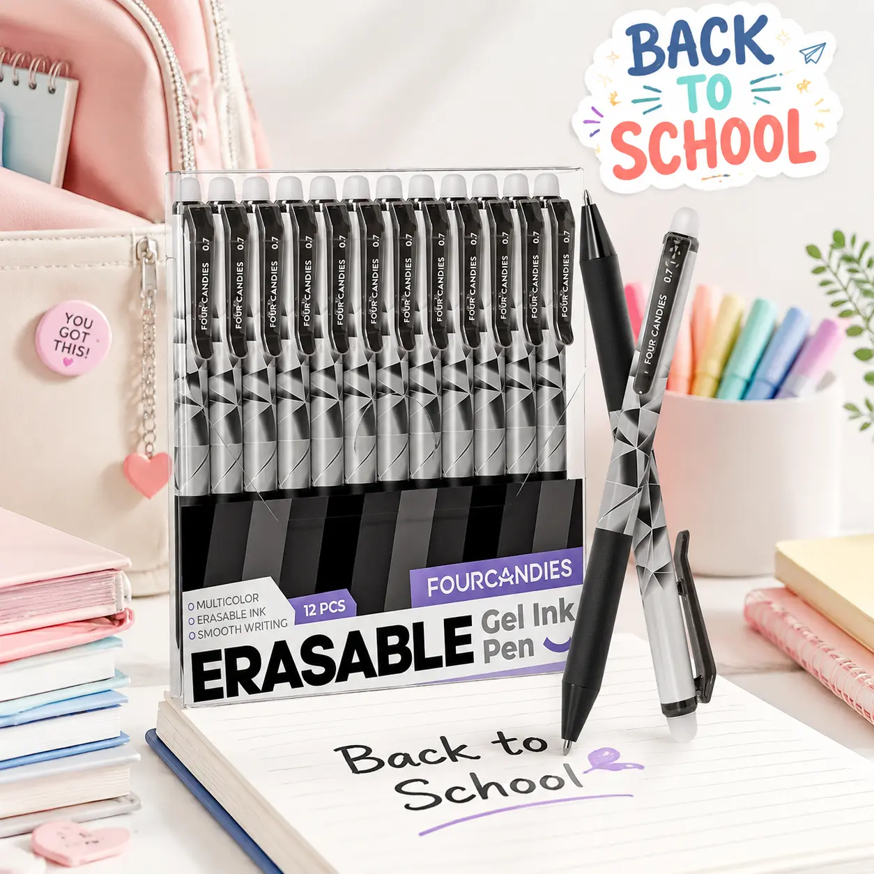 Four Candies Black Erasable Pens, 0.7 mm Medium Point, Retractable Erasable Pens, Make Mistakes Disappear, 12 Black Colors for Drawing, Writing & Planners