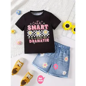 Girls 2pcs Set - Girls Printed Short Sleeve T-Shirt + Imitation Denim Shorts (Non-Denim Fabric) Summer Outfit Clothes Gift, Perfect for Outdoor
