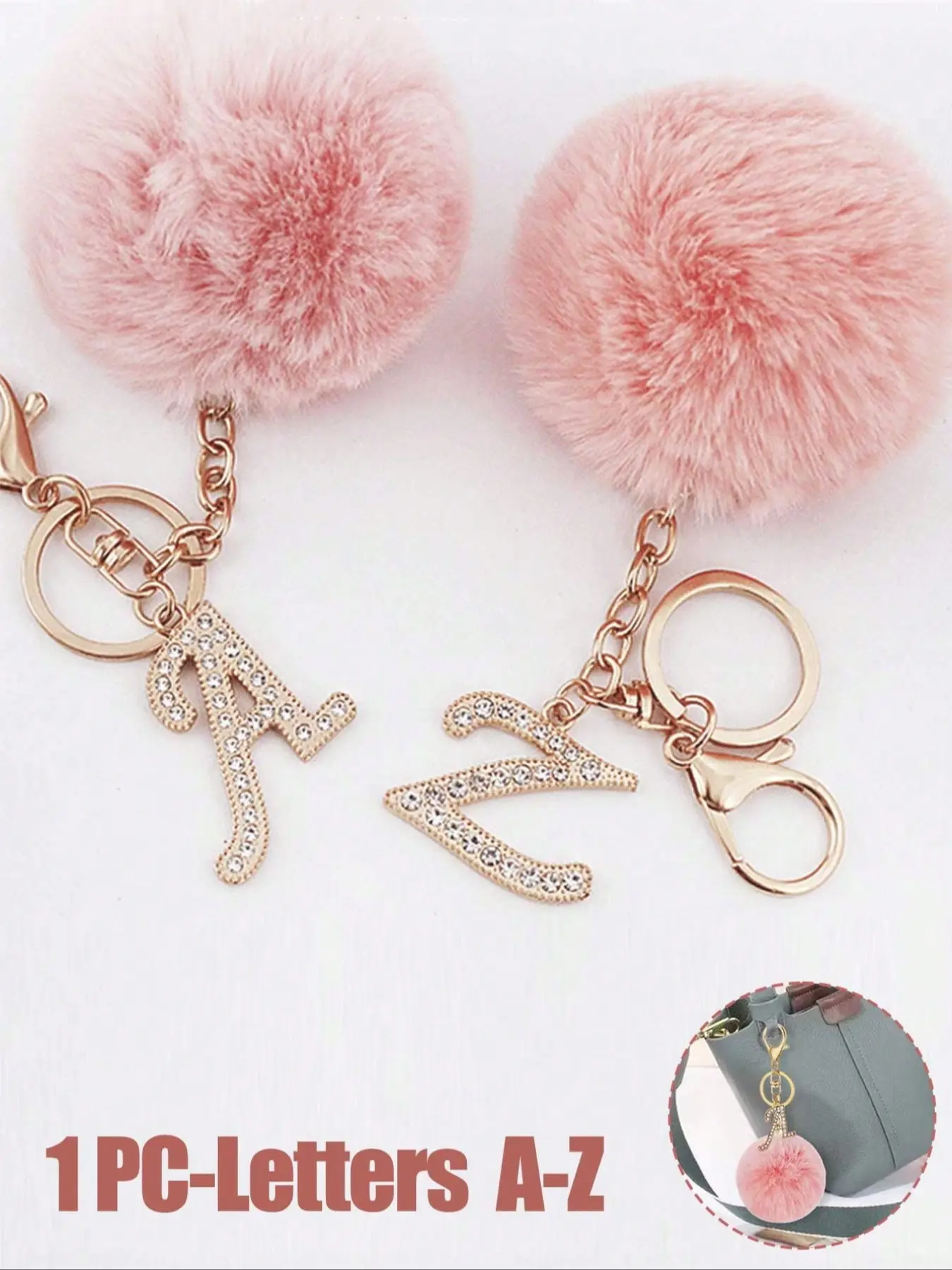 Alphabet A-Z pink pom-pom bag charm, Soft Pompom Keychain, Keychain For Bags, simple design, adorned with rhinestones for a sparkling effect, bag accessory, gift for friends/mom, suitable for keychains, car accessories, bag charms