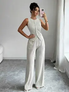 Women's Fashion Solid Color Textured Striped Two-Piece Set Suits, Sleeveless Boat Neck Buttoned Tight Vest & High Waist Loose Straight Pants Summer Outfits Set