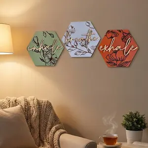 Hexagonal Wooden Wall Decor Set, Simple Style Inhalation Exhalation Sign, Laser Cut Floral Plaque Wall Art Decoration for Living Room Bedroom Yoga Studio Office Home Decoration