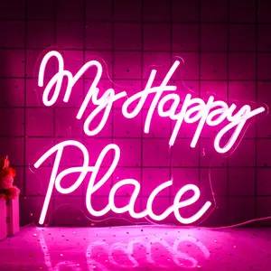 My Happy Place Neon Sign, USB Powered Wall Mounted Neon Light, Furniture Lighting Decoration Light for Game Room, Multimedia Room, Bedroom, Studio, Club