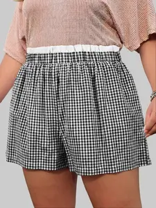 Women's Plus Size High Waisted Gingham Shorts Casual Plaid Print Summer Bottoms with Contrast Ruffle Trim Comfort Fit Daily Beach Shorts