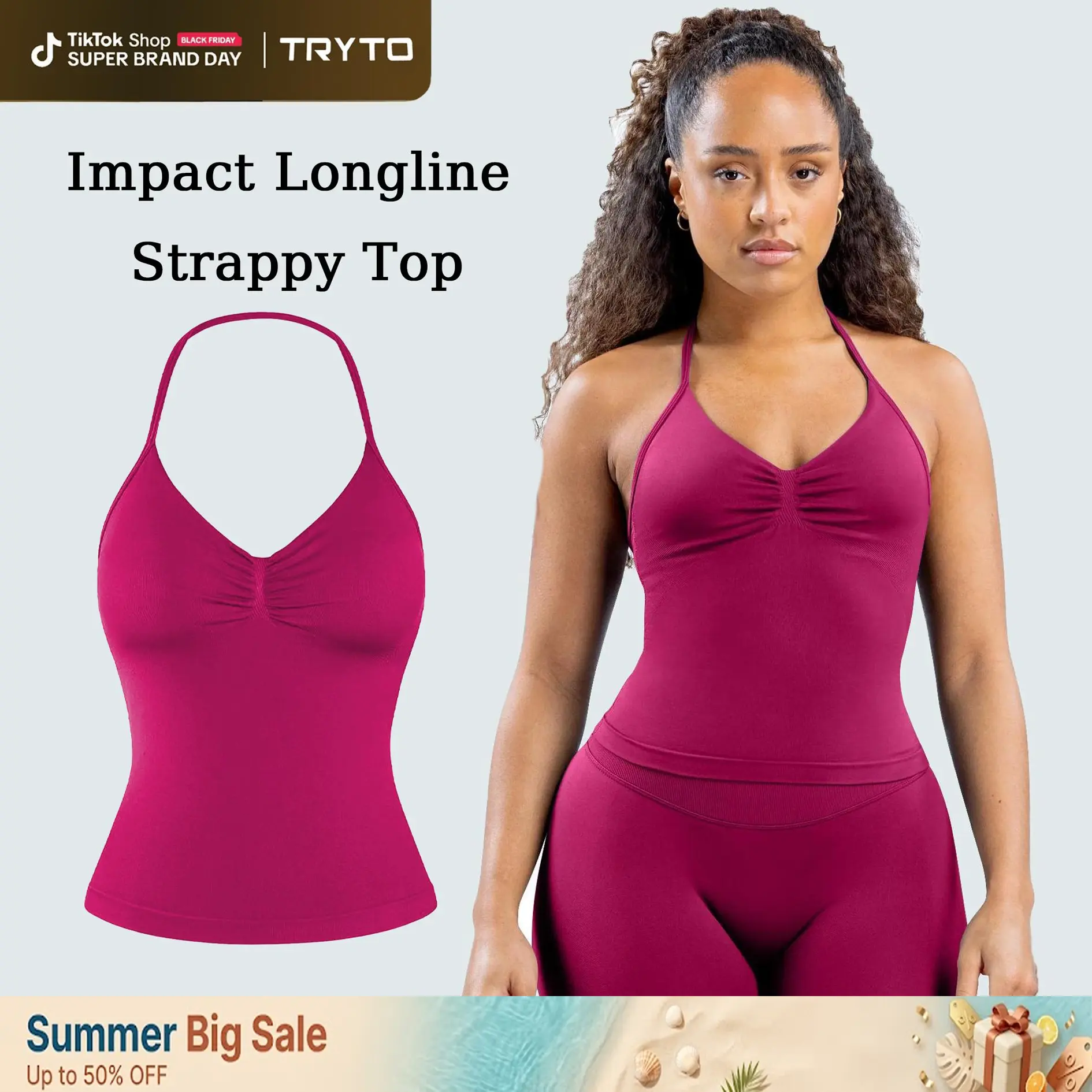 [SIZE UP 1] TRYTO Impact Longline Strappy Top Fitness Sportswear Gymwear Women Impact Longline Halter Tops Workout Longline Tank Top Compression Gym