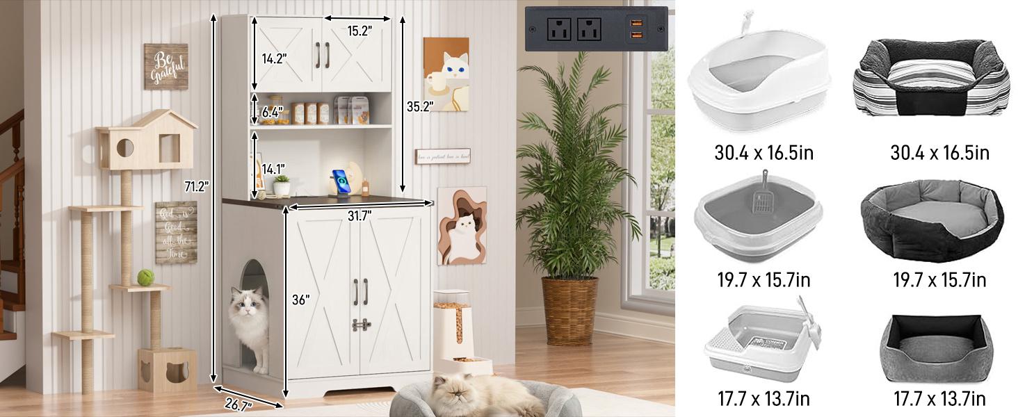 71" Tall Wooden Cat Litter Box Enclosure | Power Outlets + Open Shelves + Locks | Hidden Pet Washroom Cabinet (Brown, Living Room/Bedroom)