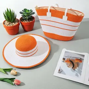 Beach Sun Hat and Tote Bag Set Wide Brim Straw Hat Large for Summer Orange White Striped Design