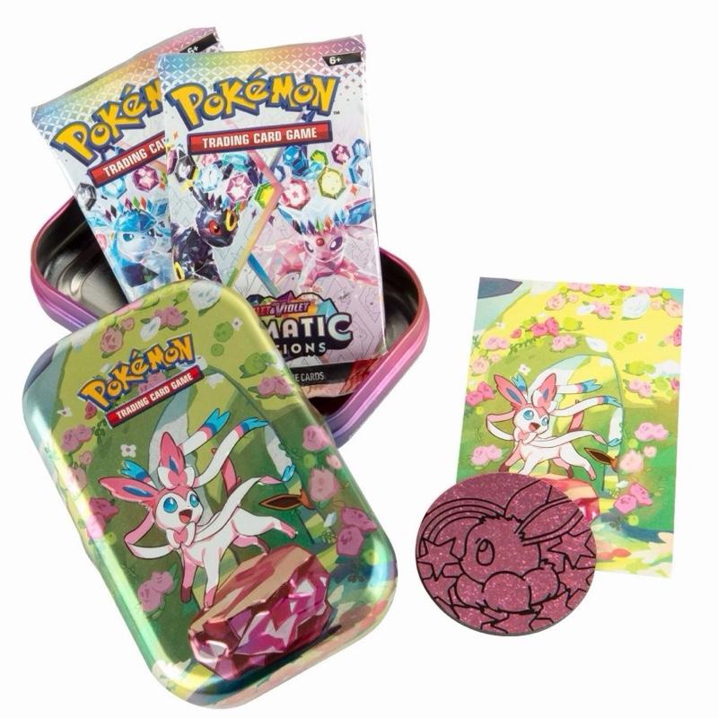 Pokémon SV8.5 Prismatic Evolutions Mini Tin - 2 Booster Packs, Eevee Coin, Collectible Art Card