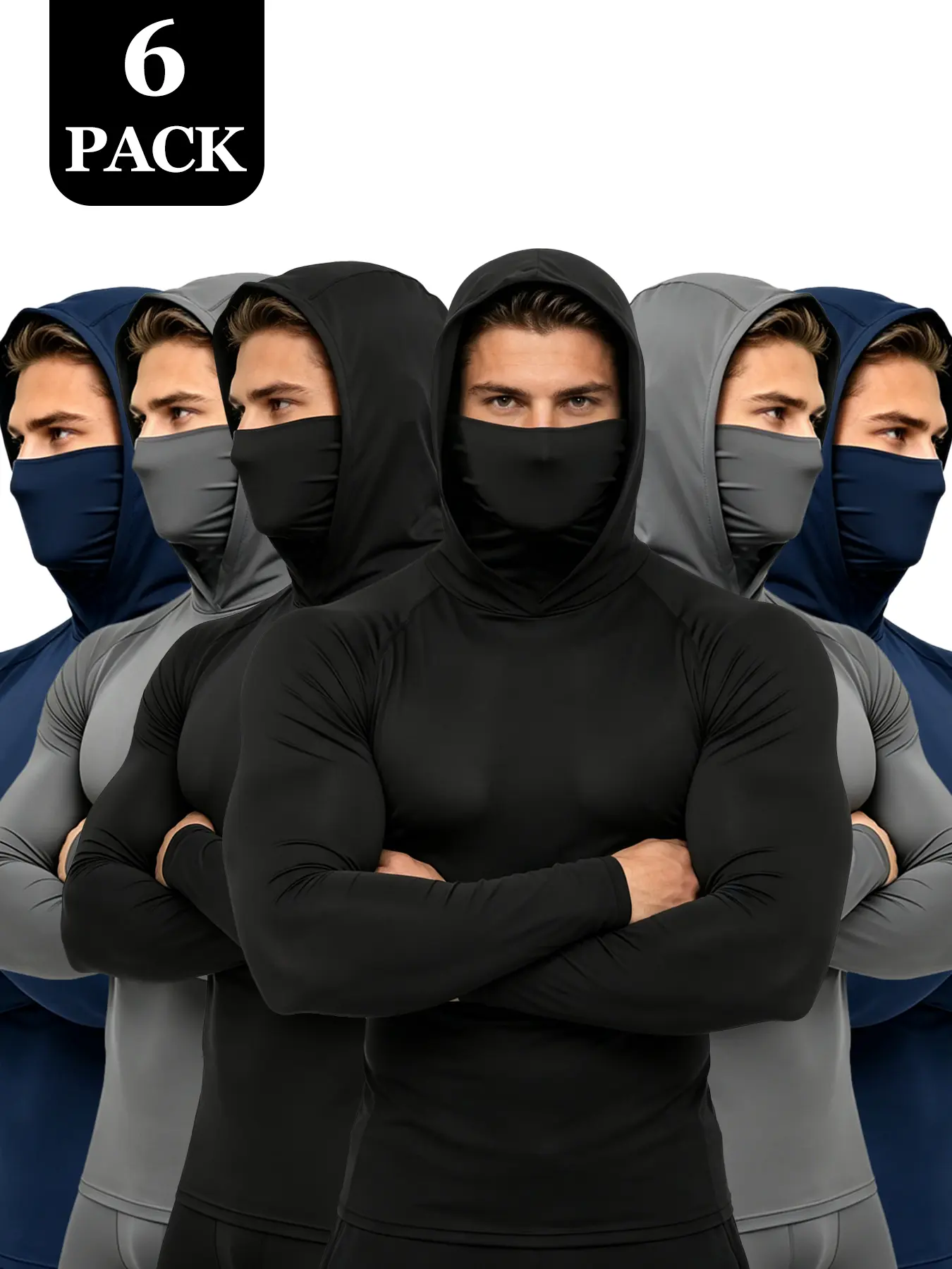 6-Piece Men's Casual Pullover Hoodies, Slim Fit Long Sleeve Tops, Lightweight UPF Sun Protection, Soft Breathable, Timeless Classic, Machine Washable, Versatile Multi-Occasion Menswear Set, Blue Black Light Gray Stylish Sweatshirts