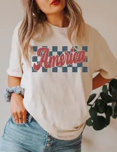 Checkered Retro USA Shirt, Patriotic Shirt, 4th of July Shirt, Independence Day Gift, Memorial Day Shirt, Red White and Blue