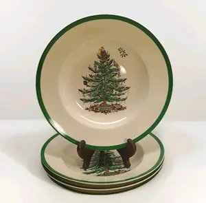 Spode Christmas Tree Green Trim 9” Large Rim Soup Bowl (Set Of 4)