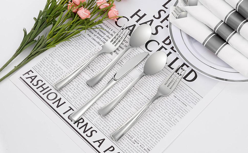 50 Pack Pre Rolled Silver Plastic Silverware, Wrapped Plastic Cutlery Set with Napkin Include 50 Forks, 50 Knives, 50 Spoons and 50 Napkins, Fancy Disposable Silverware for Party, Wedding