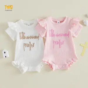 Newborn Baby Girls Easter Romper Letter Embroidered Ruffled Trim Short Sleeve Crew Neck Newborn Jumpsuit